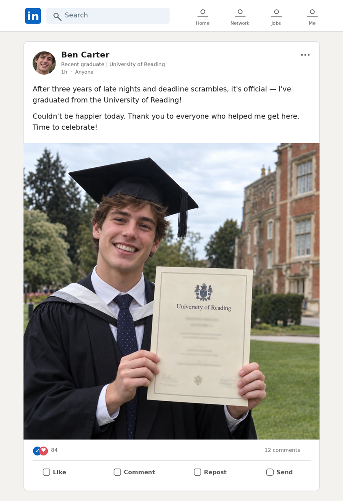 A graduate in cap and gown holding a degree certificate up to the camera on a university lawn.