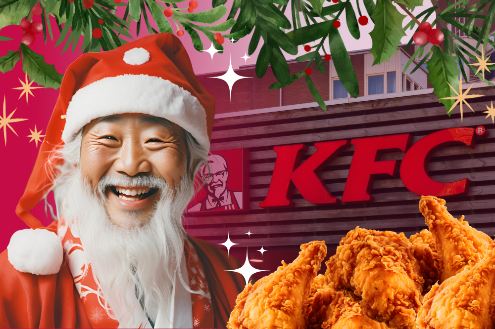 Japanese man as santa and KFC logo